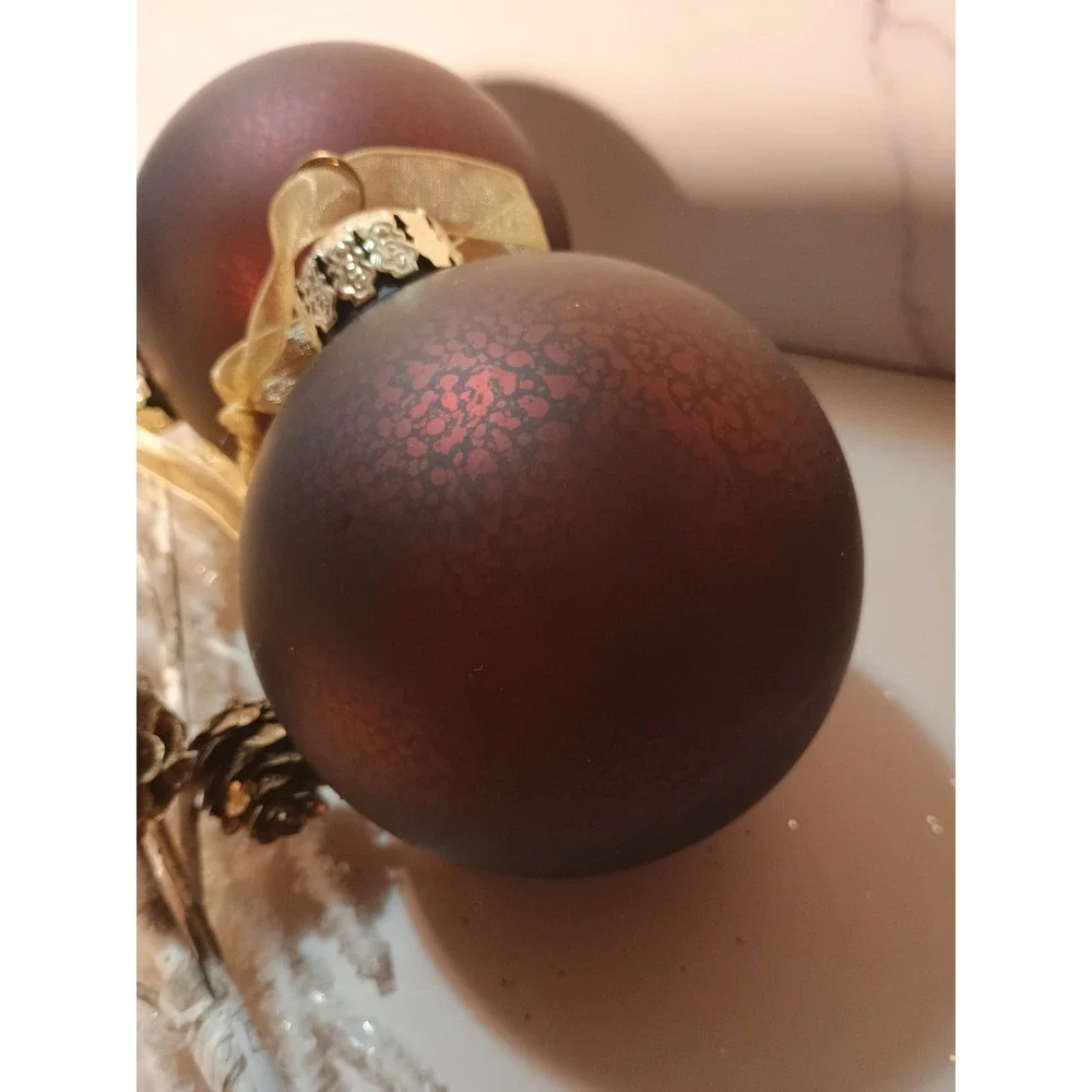 Pair Of Frontgate Maroon Round Glass Ornaments Matte Holiday‎ Decor 4 Inch